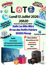 Loto Piscop en Fête - 13 juillet 2026 Affiche du loto Piscop en Fête du 13 juillet 2026 à Piscop avec TV, Air Fryer, balai laveur sans fil, aspirateur à eau et bons d'achat à gagner.